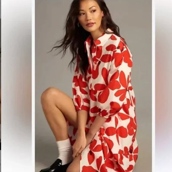 Maeve Anthropologie Bettina Midi Dress Tiered Buttondown Red Flowers SP - Picture 1 of 14